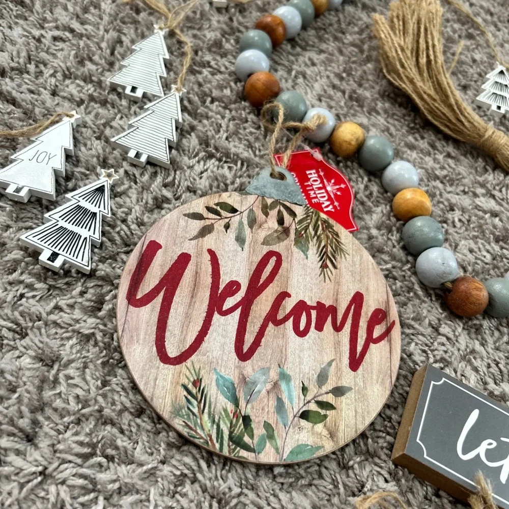 Holiday Time Rustic Farmhouse Christmas Decor Bundle Bead Garland Signs Ornament